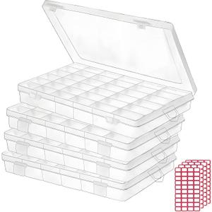 4pack 36 Grids Plastic Clear Organizer Box Bead Storage Containers with Adjustable Dividers for Craft Jewelry Fishing Tackles Parts Storage with 4 Sheets Label Stickers