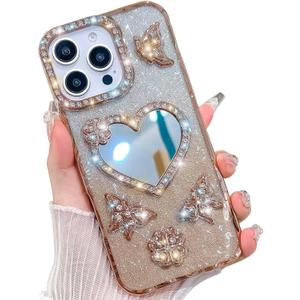 KERZZIL Trendy Girly Heart Mirror Compatible with iPhone 16 Pro Max Case, Elegant Cute Slim Women Bling Glitter Diamond Rhinestones Plating Butterfly Phone Cases, (Gold, 16 Pro Max)