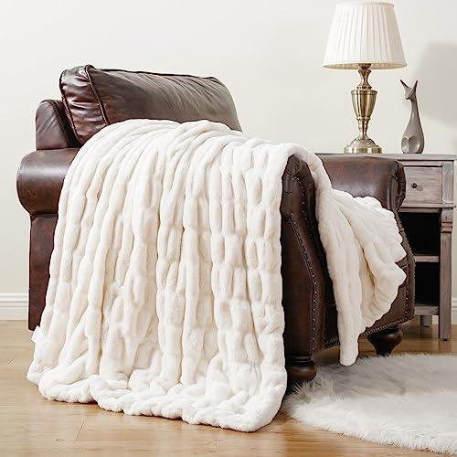 BATTILO HOME Cream Faux Fur Throw Blanket, Double Side Ruched Rabbit Fur Blanket for Couch, Bed, Super Soft Cozy Fuzzy Mink Blanket, 50"x60"(Ivory)
