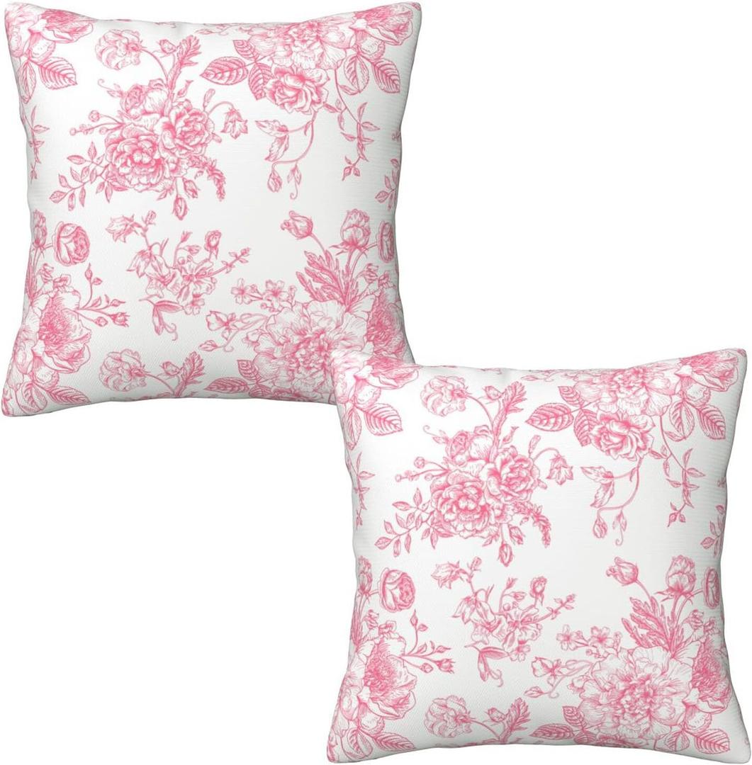 Pink and White Floral Throw Pillow Covers 18x18 Inches Set of 2, Decorative Vintage Chinoiserie Flower Pillow Case Farmhouse Cushion Covers for Sofa Bed Couch Living Room