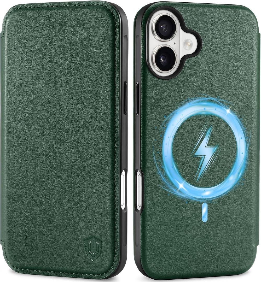 SHIELDON Wallet Case for iPhone 16 Plus, Genuine Leather Slim Folio RFID Blocking Card Slots Magnetic Case Supports Wireless Charging Compatible with iPhone 16 Plus 6.7" - Evergreen
