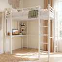 Metal Loft Bed with Desk, Full Size Loft Bed with 2 Built-in Ladders & Safety Guard