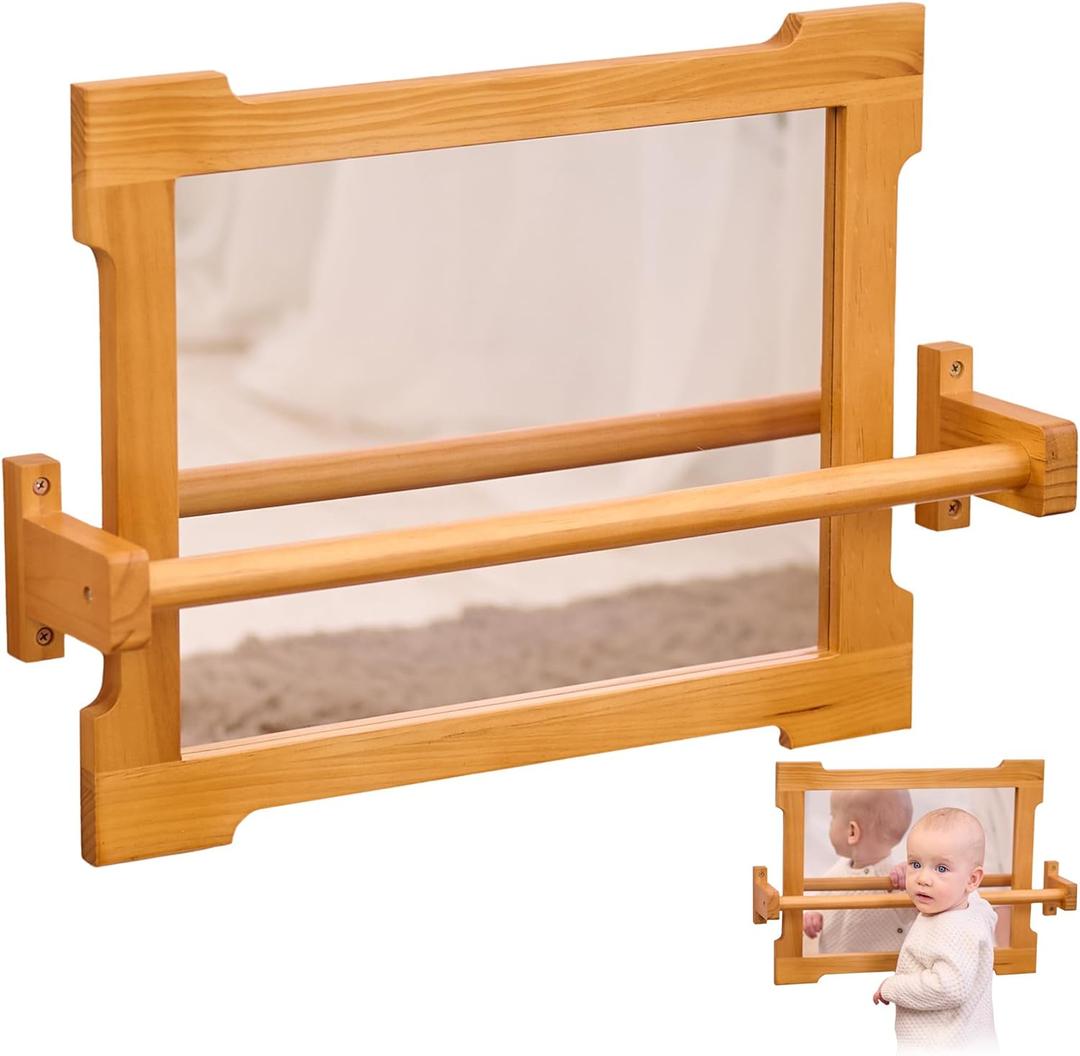 GTian Montessori Pull Up Bar for Infants Montessori Mirror Baby Wall, Baby Pull Up Bar, Montessori 3-in-1 Shatterproof Mirror, Wooden Pull Up Bar, Toddler Pull Up Bar