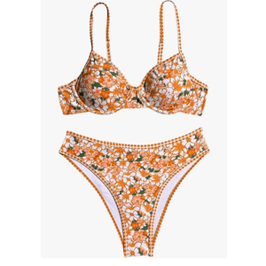 SweatyRocks Women's Bikini Sets Plaid Floral Print High Waisted Bathing Suit Swimwear Size M