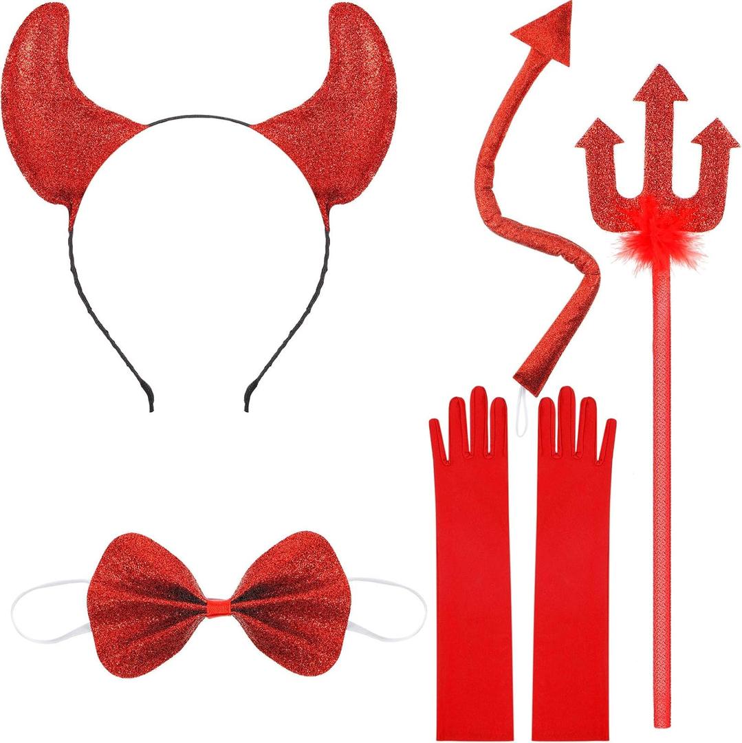 Syhood 5 Pcs Halloween Devil Costume Accessories Devil Horn Headband, Pitchfork, Tail, Bow Tie and Long Gloves Cosplay Costume Set for Women Men Halloween Carnival Party Prop Supplies