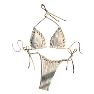 Women's High Waisted Bathing Suit Shell Decor Tie Back Swimsuit Bikini Set 2 Piece Apricot Color Size S