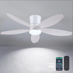 Surtime 48" Ceiling Fans with Lights-Low Profile Ceiling Fan with Light and Remote/APP Control,Flush Mount,DC Reversible,LED Dimmable Modern Ceiling Fans for Bedroom,Indoor/Outdoor Patio Use(White)