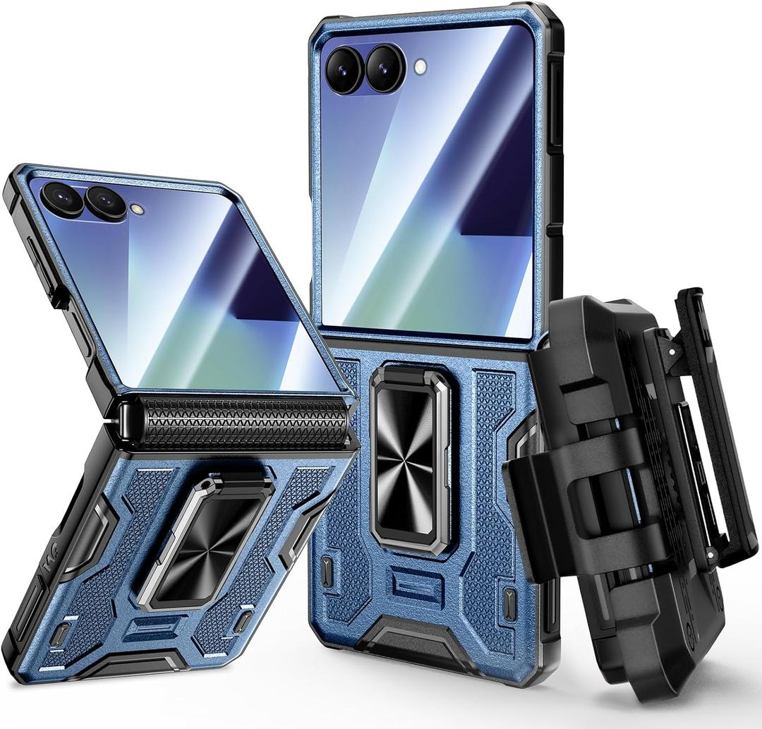 VEGO for Samsung Flip 7 Case with Belt Clip Holster, Hinge Protection Case with 360 Ring Kickstand & Camera Screen Protector Heavy Duty Protective Armor Cover for Galaxy Z Flip 7 - Blue