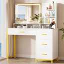 COMHOMA Vanity Desk with Mirror and Lights, Makeup Vanity Table with 4 Drawers & Storage Shelves, Large HD Mirror, 3 Color Modes & Adjustable Brightness, Modern Dressing Table for Bedroom, Pearl White