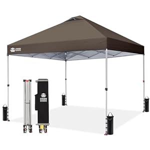 10x10 Pop Up Canopy - Instant Setup Beach Tent with Wheeled Carry Bag, 8 Sandbags & 4 Guy Lines - Portable Sun Shade for Camping, Events, Silver Coated Top, (Color, Brown)