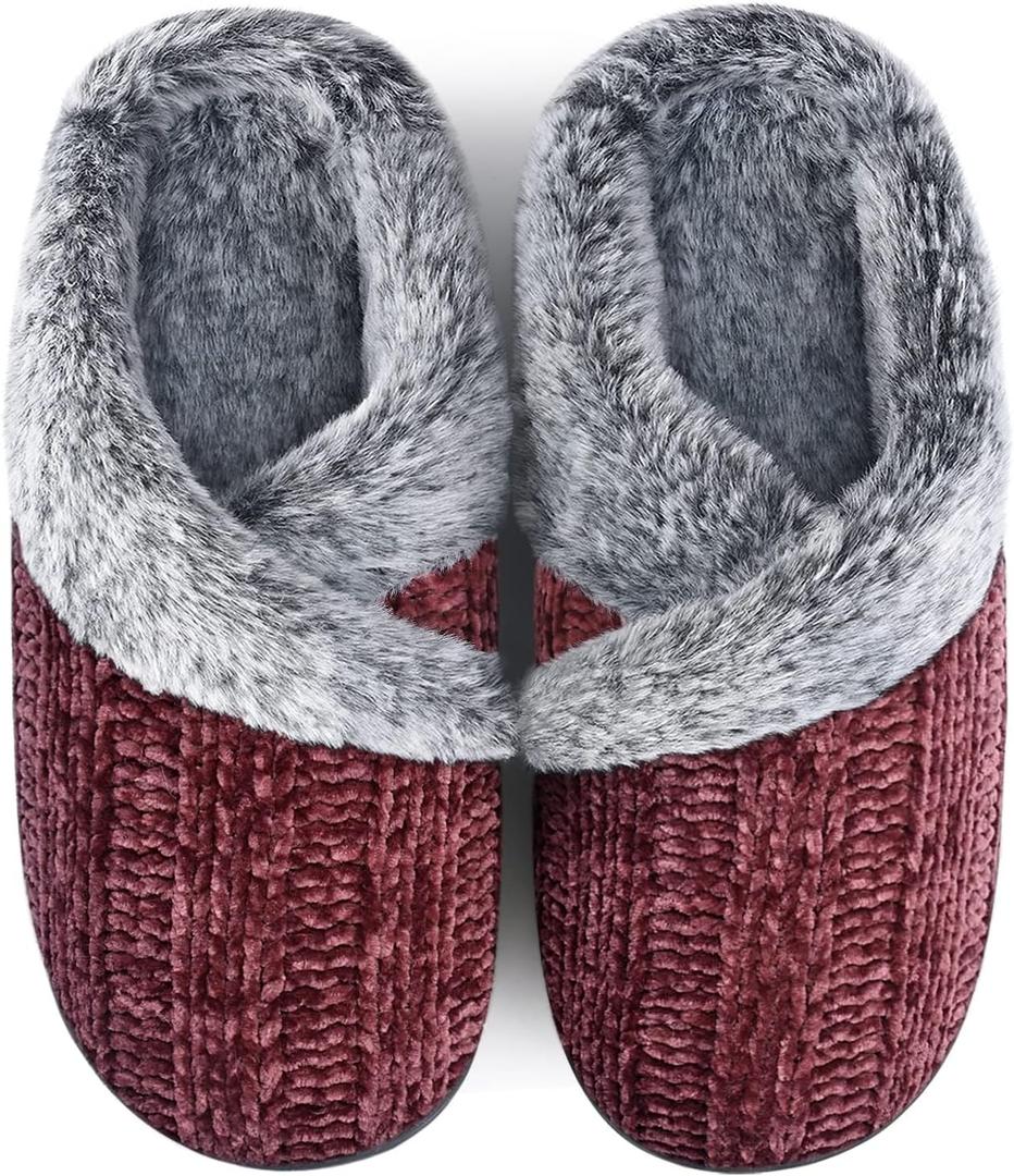Slippers for Women Fuzzy House Slip on Indoor Outdoor Bedroom Furry Fleece Lined Ladies Comfy Memory Foam Female Home Shoes Anti-Skid Rubber Hard Sole (9-10, 05-wine Red)