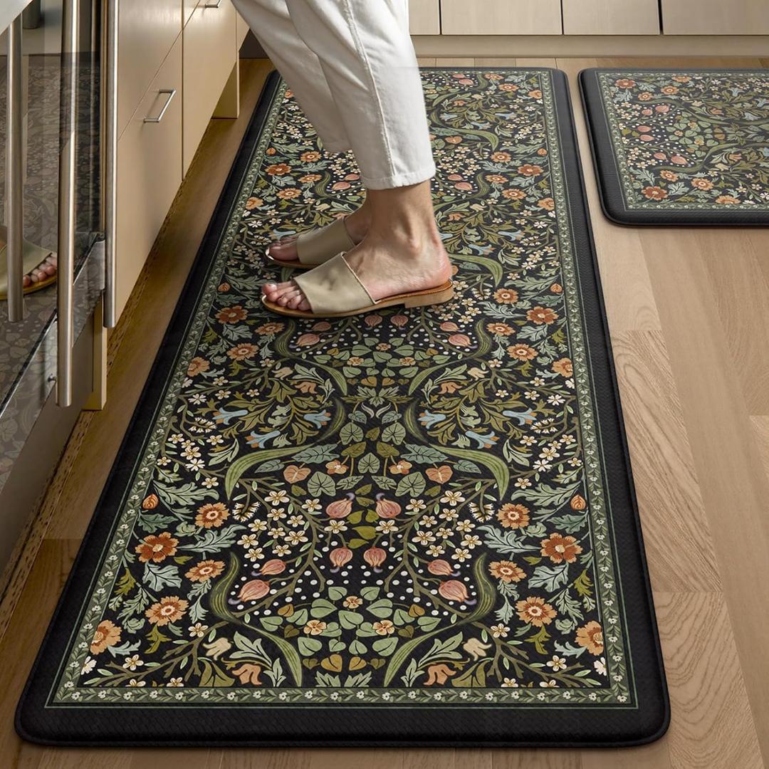 Collive Kitchen Floor Mat Cushioned Anti Fatigue, Boho Floral Desk Mats Non Skid Waterproof Kitchen Sink Rugs Sets of 2, Memory Foam Comfort Standing Carpet for Office, 20" x 47" + 20" x 32", Black