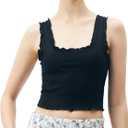 SANDY & SID Womens 2024 Crop Tops Scoop Neck Ribbed Ruffle Slim Fit Sleeveless White Casual Basic Tank Top for Teen Girls (Black, S)