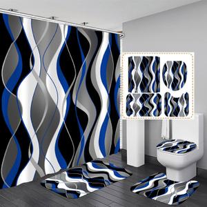 Nkzply 4 Pcs Blue Shower Curtain Black Bathroom Sets with Shower Curtain and Rugs Grey Modern Striped Shower Curtain Set White Bathroom Rugs Set Bathroom Decor Toilet Lid Cover Hooks