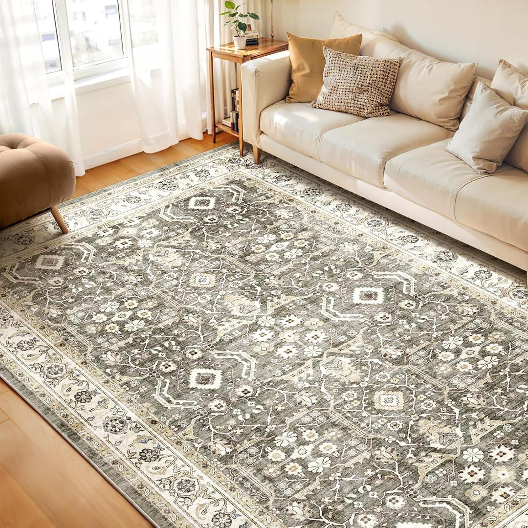 WITSHOCK Living Room Area Rugs 8x10: Washable Rug Boho Soft Non-Slip Low Pile Stain Resistant Foldable Carpet for Bedroom Playroom Dining Room Office Kitchen Farmhouse Home Decor Rug-Brown/Beige