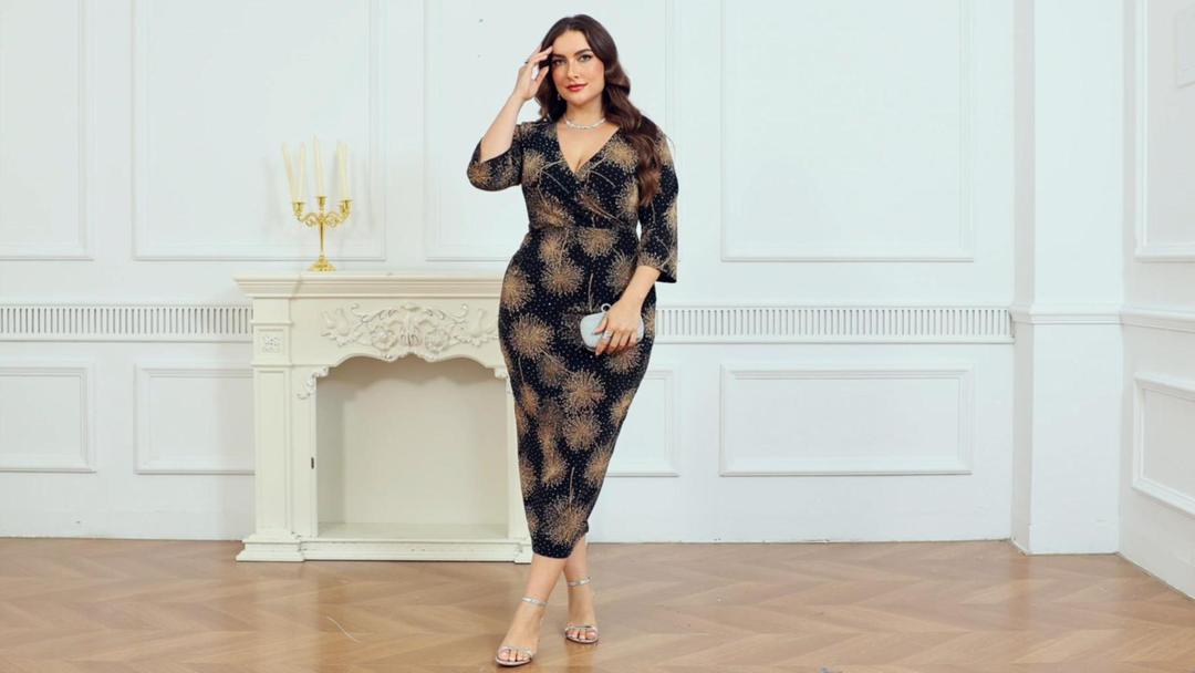 ZOMVA Plus Size Sparkly Wrap Dress 3/4 Sleeve Firework Glitter Bodycon Dresses Wedding Guest Cocktail Evening Party,Black/Gold, Size 3 XL