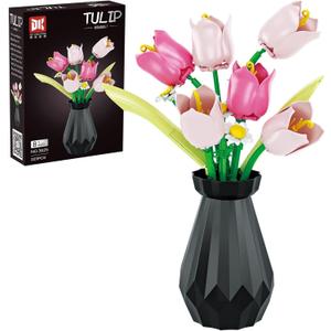 Artificial Flower Bouquet Building Set for Adult,Mini Plant Bonsai Tree Friend Set,Botanical Collection Gift for Kid,Tulip Building Blocks with Vase,Birthday Gift for Girl Mom Women Wife