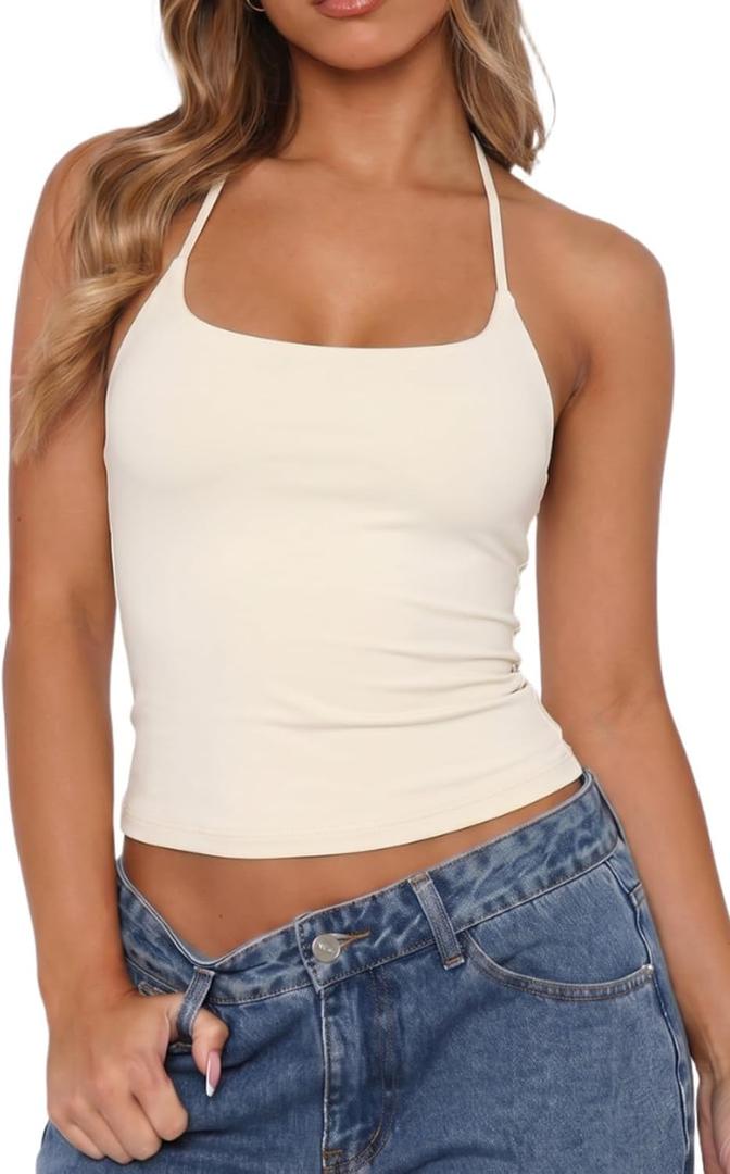 QINSEN Self Tie Halter Neck Basic Shirts for Womens Double Lined Slimming Fit Going Out Sleeveless Tops (Beige, XS)