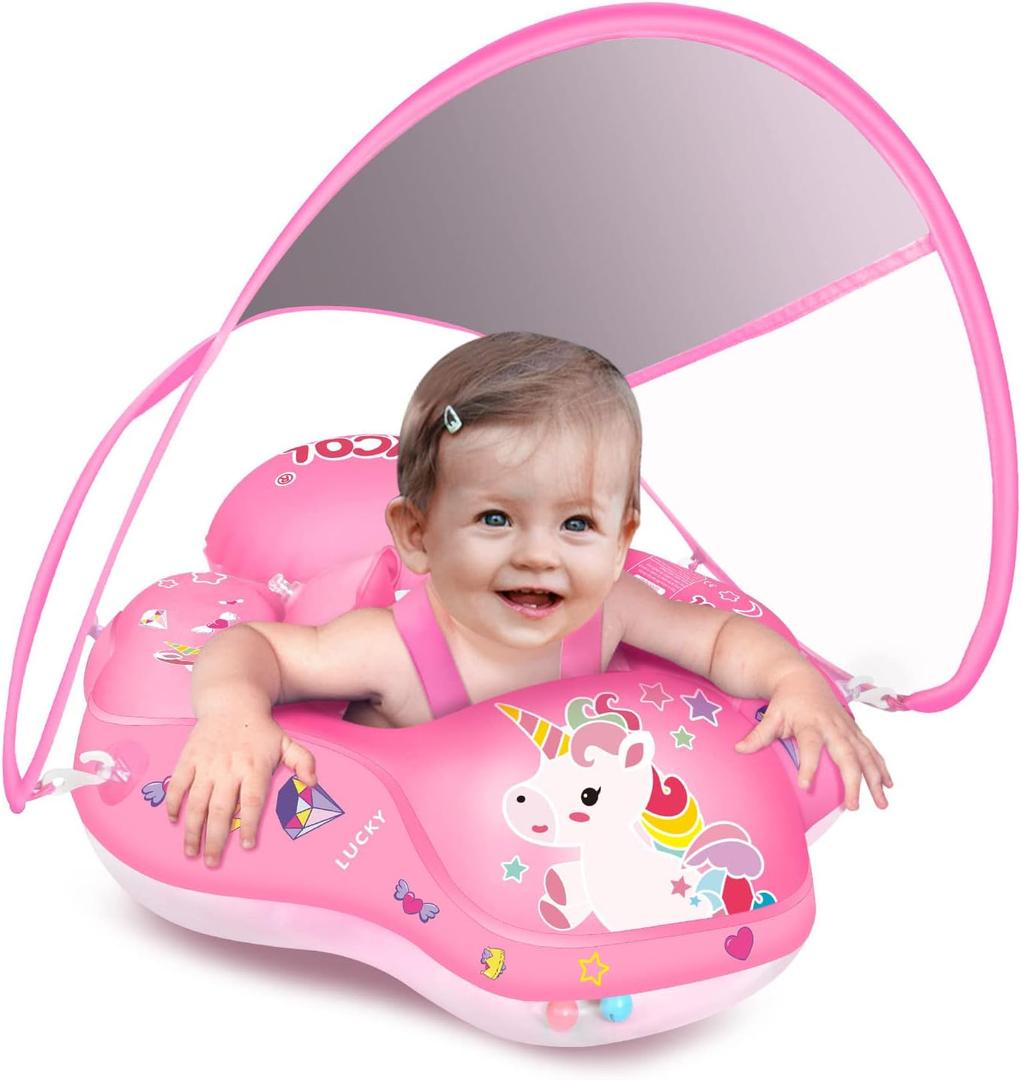 LAYCOL Baby Swimming Float Inflatable Baby Pool Float Ring with Sun Protection Canopy,add Tail no flip Over for Age of 3-36 Months (Large, unicorn)