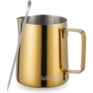 Milk Frothing Pitcher, 350ml (12oz) Steaming Pitchers Stainless Steel Milk Coffee Cappuccino Latte Art Barista Steam Pitchers Milk Jug Cup with Decorating Art Pen, Gold