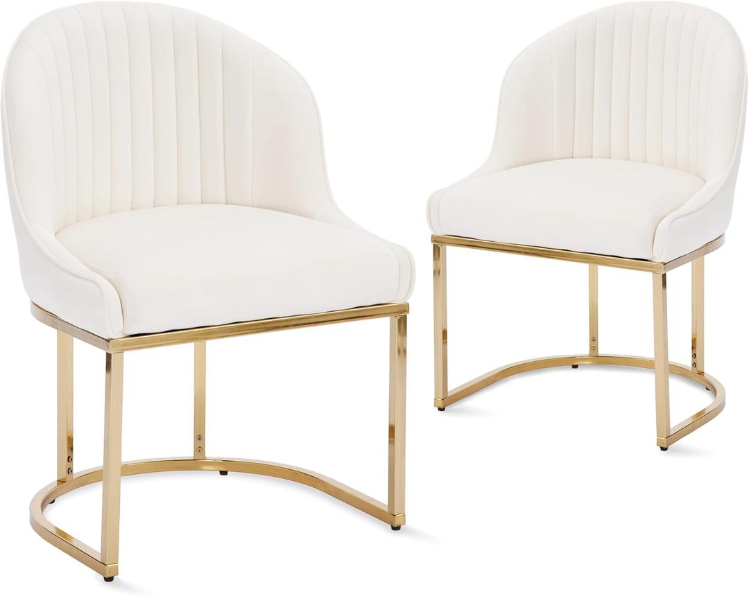Velvet Dining Chairs Set of 2, Modern Upholstered Barrel Dining Chairs with Gold U-Shaped Base, 18.5" Wide Accent Chairs for Kitchen Dining Room Living Room, Beige