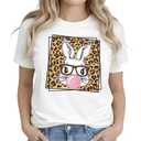 Cute Easter Bunny T-Shirt for Women - Funny Leopard Glasses Rabbit Graphic Tee, Sassy Bubblegum Spring Holiday Top
