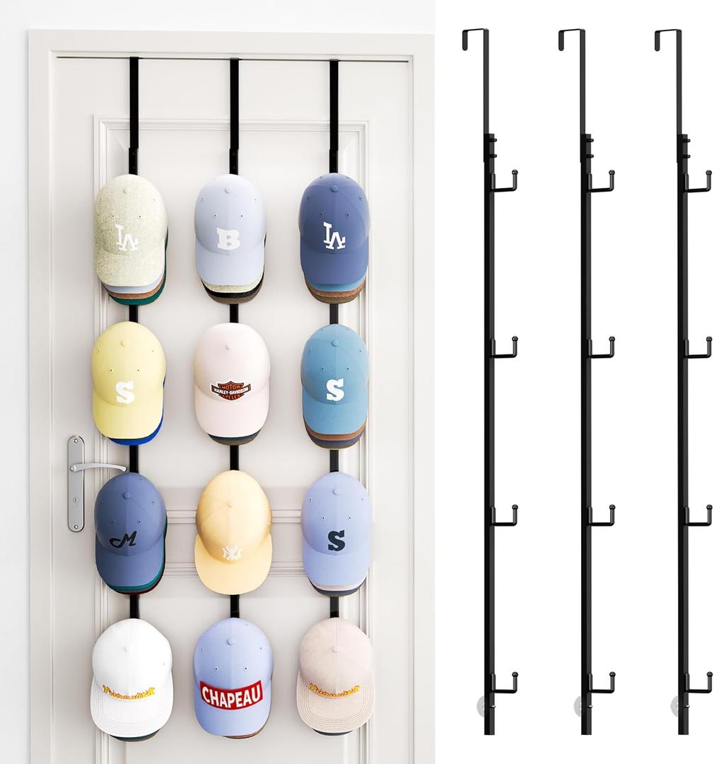 SWTYMIKI Over Door Hat Rack - 3 Packs Metal Hanging Hat Organizer with 12 Hooks Design, Baseball Cap Hanger Organizer Storage Holds up to 60 Caps for Door, Bedroom, Closet (black)