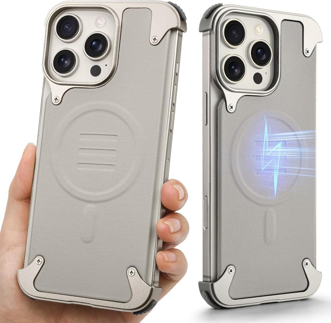 Metal Leather Frameless Case for iPhone 16 Pro Max Compatible with Magsafe, Aluminum Alloy Frame Protective Minimalist Shockproof Slim Hard Ultra Thin Magnetic Bumper Cool, Natural