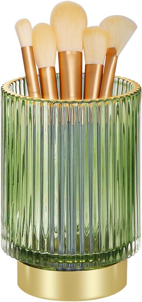 Glass Makeup Brush Holder Organizer, Gold Toothbrush Holders for Bathroom, Green Makeup Brush Holder Cup for Vanity, Desktop Crystal Eyeliners Eyebrow Pencil Storage Cup Holder