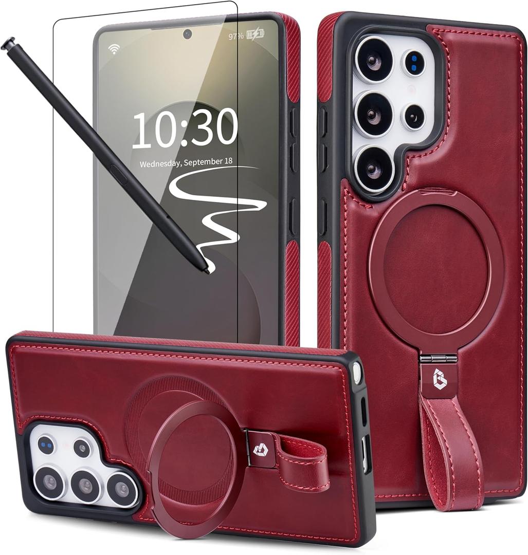 for Samsung Galaxy S25 Ultra Leather Case with Stand, Anti-Slip Grip Ring, Fits for MagSafe (Burgundy, S25 Ultra-6.9inch)