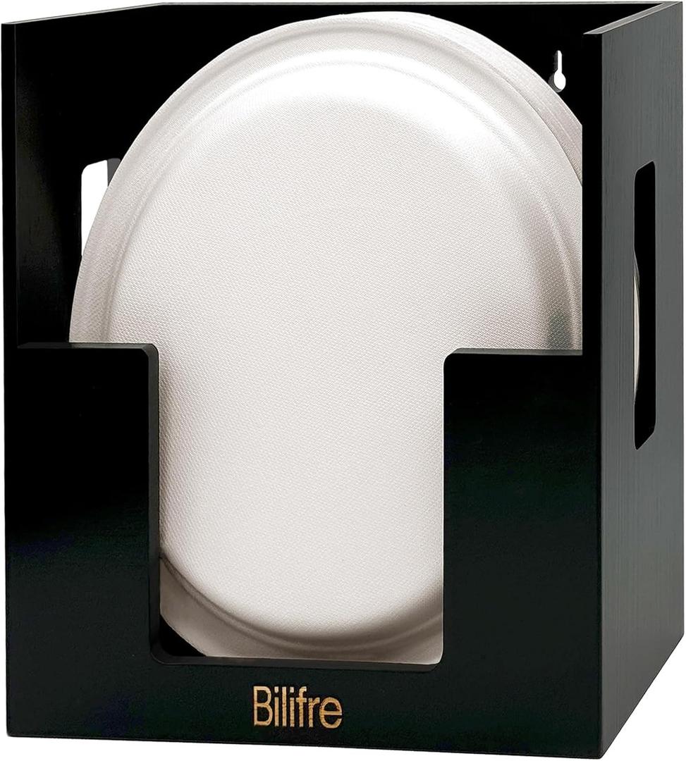 Black Bamboo 8/9/10-Inch Paper Plate Holder, No-Drill Wall-Mounted, Countertop & Cabinet Storage for Disposable Plates, Vertical Dispenser for Kitchen, Pantry, Office & Party