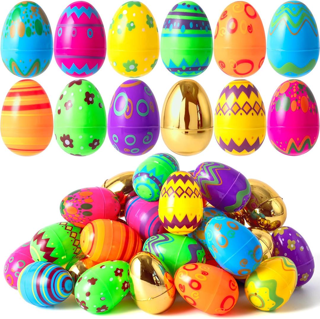 JOYIN 64 Pcs 3.15" Colorful Printed Eggs Include 8 Golden, Plastic Fillable Empty Eggs for Easter Hunt, Basket Stuffer Filler, Classroom Prize, Party Favors