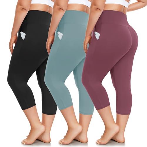 FULLSOFT 2 Pack Plus Size Capri Leggings with Pockets for Women -High Waist Stretchy 1X-4X Workout Yoga Pants(3XL,HQMLFH)