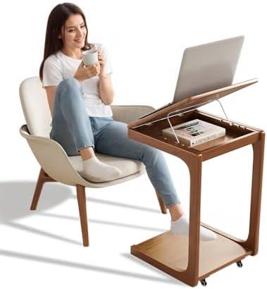 AQIMUELE Wooden C-Shaped End Table, Couch Table with Adjustable Desktop, Small Rolling Side Table with 2 Lockable Wheels, Small End Table for Couch, Living Room, Bedroom (Walnut)