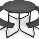 Round Picnic Table for Outdoors, 8 Person Outdoor Picnic Tables & Benches Set with Umbrella Hole, HDPE Tabletop & Metal Frame, 2000 LBS Capacity Table Bench Set for BBQ, Garden, Lawn, Patio