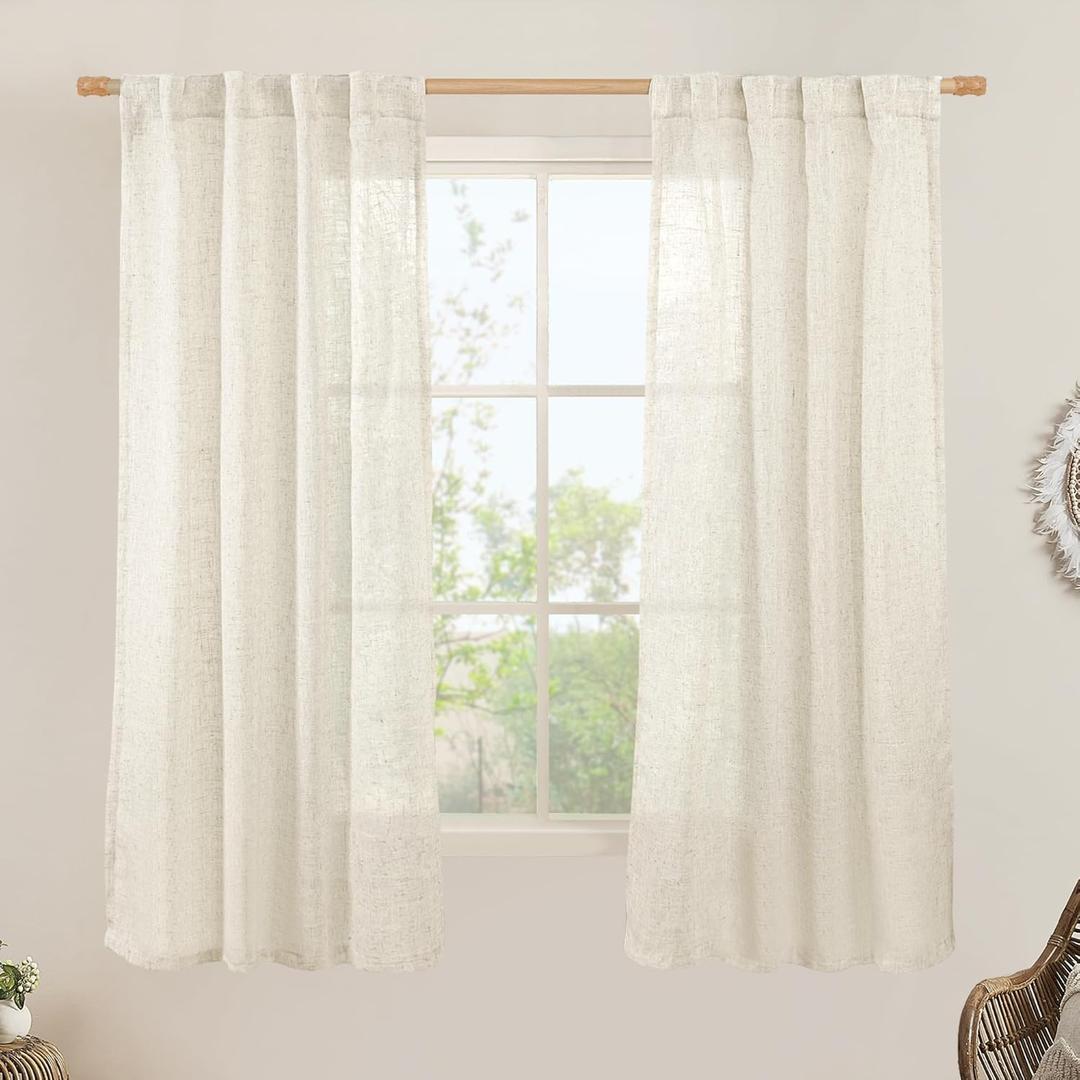 LAMIT Natural Semi Sheer Linen Curtains, Cream Ivory Light Filtering Panels Back Tab and Rod Pocket Neutral Drapes for Bedroom/Living Room, Natural, 2 Panels, 34 x 60 Inch