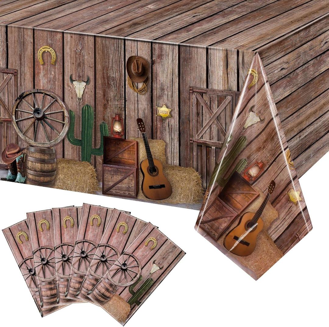 Tiamon 6 Pcs Western Party Tablecloth Western Cowboy Table Cover Cowboy Theme Plastic Tablecloth Wild West Wooden House Barn Door Table Cover for Baby Shower Birthday Party