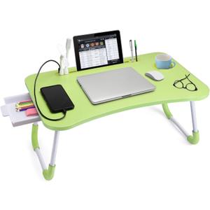Slendor Lap Desk with Tablet Slot, Foldable Laptop Table with Storage Drawer for BedPortable Bed Desk for Laptop, Computer Tray with Cup Holder Notebook Stand Reading Holder for Couch Floor, Green