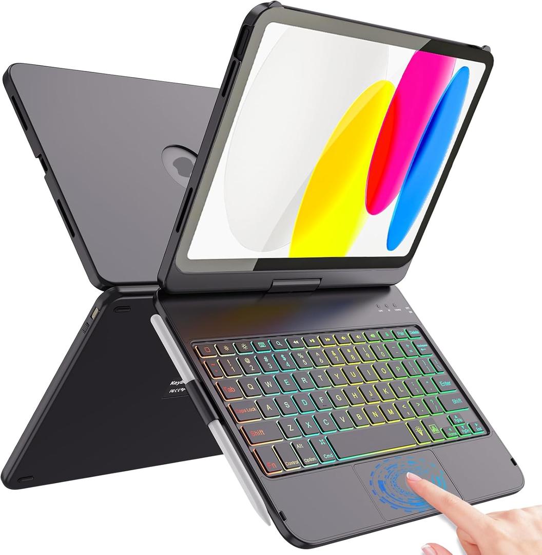 FUWANG Touch Keyboard Case for iPad (A16) 11th Generation 11 inch 2025&10th Gen 10.9 inch 2022, 360 Rotate for iPad 10th Generation Case with Keyboard, Backlit Keyboard Case with Pencil Holder, Black