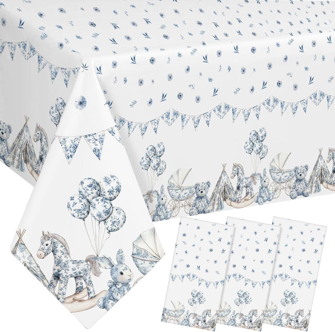 Batiyeer 3 Pcs Blue Toile De Jouy Baby Shower Decorations Chinoiserie Porcelain Plastic Tablecloth Blue White Vintage Floral French Rectangle Table Cover for Nursery Birthday Party Supplies, 54x108''