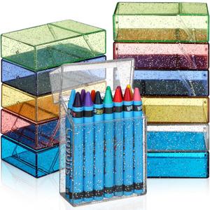 Dunzoom 12 Pcs Acrylic Crayon Boxes with Snap Lid Glitter Crayon Storage Organizer 3.5 X2.4x 1.1 Inches Clear Colorful Holder Case Stackable for Small Items, Crafts, Jewelry, Hardware