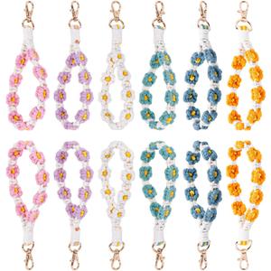 Mikovivi 12pcs Handmade Wristlet Keychains, Boho Macrame Keychain Woven Bracelet Wrist Lanyard Car Key Chain Wristbands Cute Daisy Flower Keyring for Women