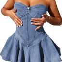 Women's Summer Strapless Denim Mini Dress with A-Line Design and Plated Bustier Corset (Light Blue). Size XL