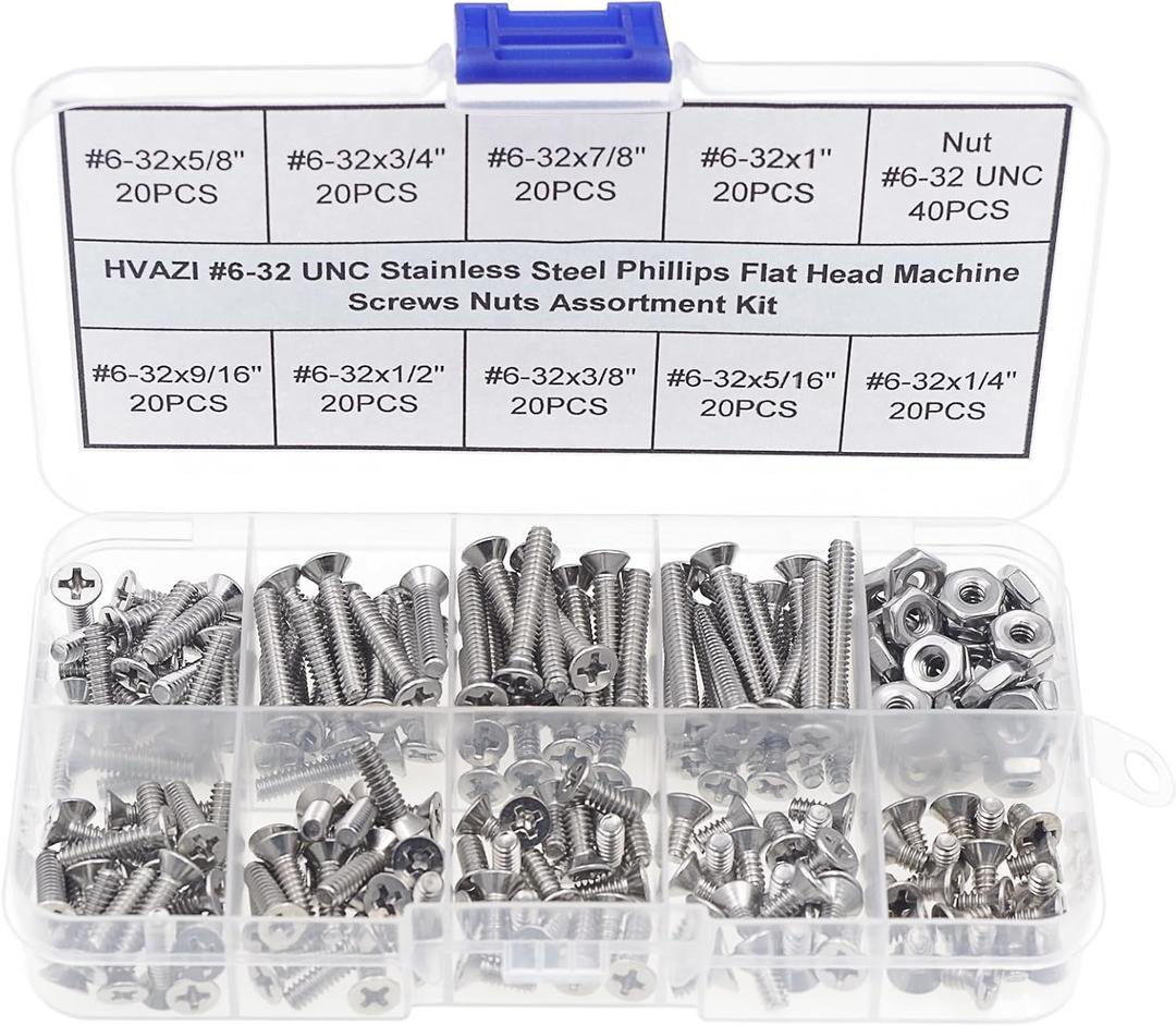 #6-32 UNC Stainless Steel Phillips Flat Head Machine Screws Nuts Assortment Kit