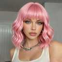 Pink Wig with Bangs for Women,Shoulder Length Short Wavy pink Bob Wigs With Bangs Synthetic Bob Wig Curly Wig Heat Resistant Colorful Wavy Wig Cosplay Fun Wigs For Daily Party (12 Inch)