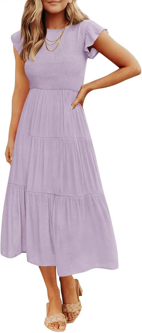 ZESICA Women's 2026 Summer Casual Flutter Short Sleeve Crew Neck Smocked Elastic Waist Tiered Midi Dress (Large, Light Purple)
