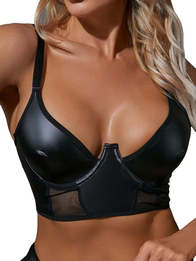 SHENHE Women's PU Leather Underwired Bra Contrast Mesh Hollow Out Longline Bra (Medium, Black)