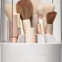 EACHY Makeup Brush Holder with Lid, 360 Rotating Vanity Organizer for Brushes, Dustproof Cosmetic Display Case, 7 Compartments, Waterproof Plastic (White)