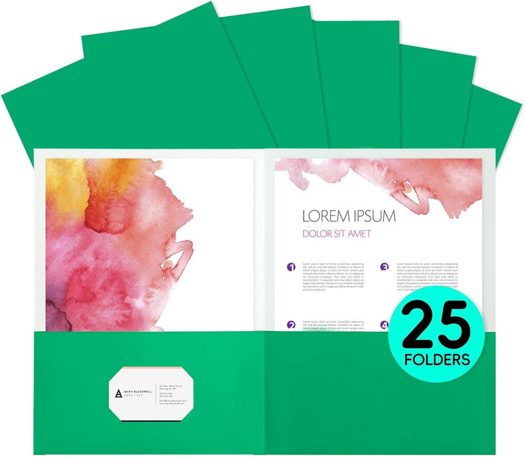 25Pcs Green Folders with Pockets,2 Pocket Folders Bulk,Holds 100 Sheets (50 per Pocket),Assorted Colors,Office Or School
