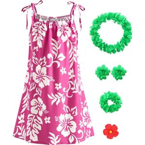 Girls Hawaiian Costume Rose Red Slip Dress with Flower Print Kids Halloween Costumes Luau Party Outfit (5-6 Years/120)